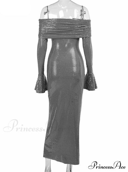 Sequin Long Sleeve Charming Off-Shoulder Maxi Dress