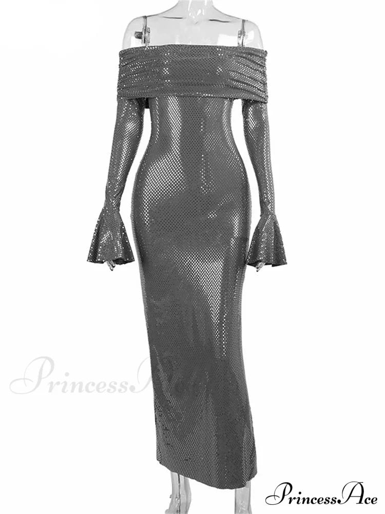 Sequin Long Sleeve Charming Off-Shoulder Maxi Dress