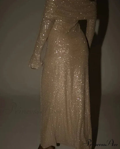 Sequin Long Sleeve Charming Off-Shoulder Maxi Dress