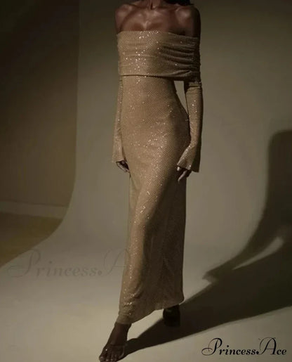 Sequin Long Sleeve Charming Off-Shoulder Maxi Dress