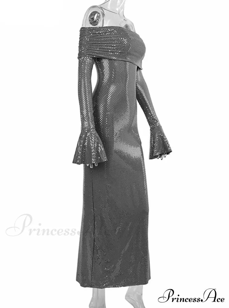 Sequin Long Sleeve Charming Off-Shoulder Maxi Dress