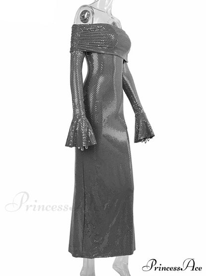 Sequin Long Sleeve Charming Off-Shoulder Maxi Dress