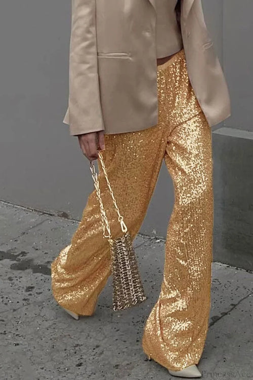 Sequin Long Straight Pants Gold / S