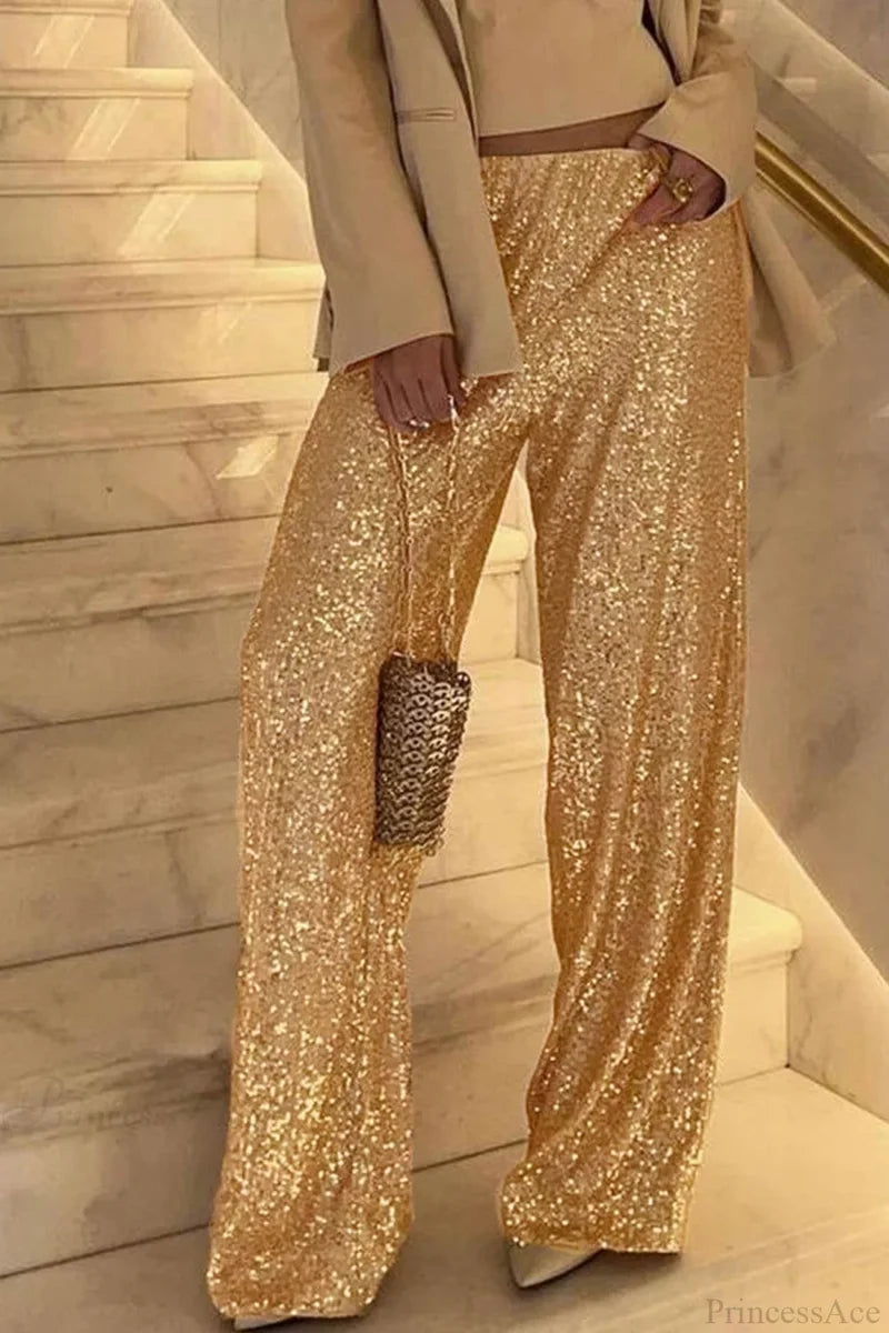 Sequin Long Straight Pants Gold / M