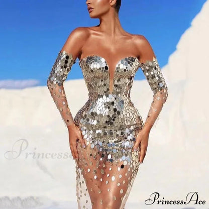 Sequin Mesh Off Shoulder Bodycon Maxi Party Dress S / Silver Dresses-L