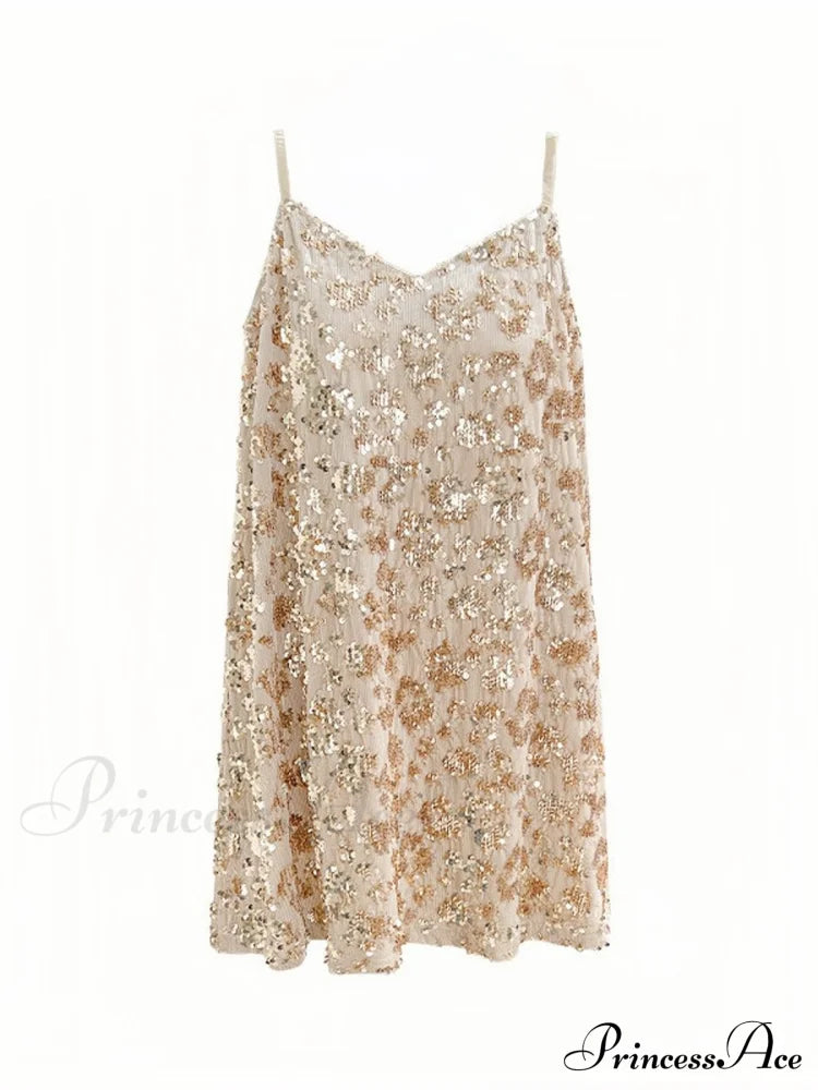 Sequin Slimming Suspender Dress For Women S / Beige Champagne Sequin Party Dress