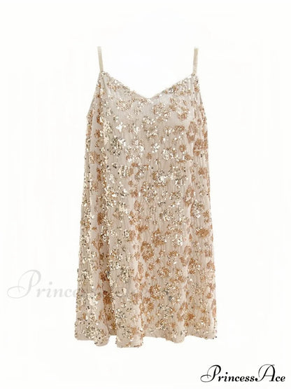 Sequin Slimming Suspender Dress For Women S / Beige Champagne Sequin Party Dress