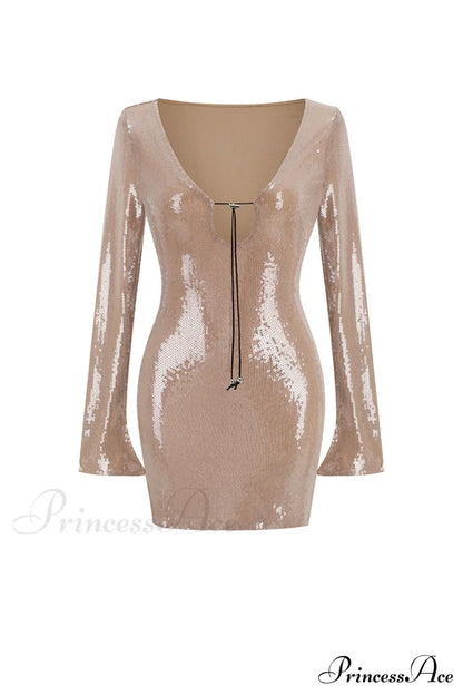 Sequins V Neck Flares Sleeve Pack Hip Dress Camel / Xs Mini Dresses