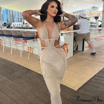 Sexy Backless Wrap Charming Chest Midi Dress Khaki / S Dresses