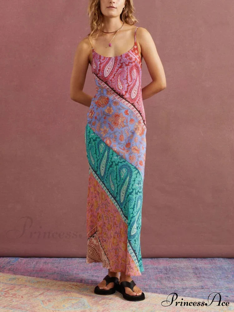 Sexy U-Neck Backless Bosnian Graceful Print Suspender Maxi Dress Multicolor / S Dresses