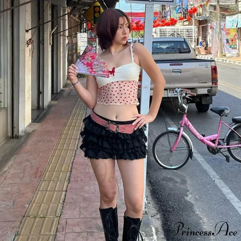 Sheer Knit Stylish Patchwork Bow Top Printed Tank