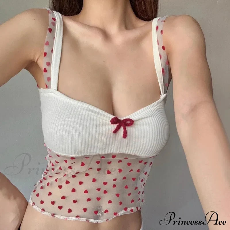 Sheer Knit Stylish Patchwork Bow Top Printed Tank