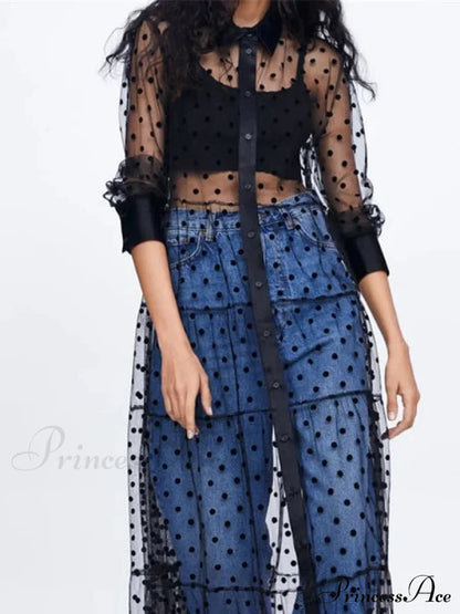 Sheer Lace Cover Up With Polka Dot Pattern For Summer S / Black Beach Cover Up Dress