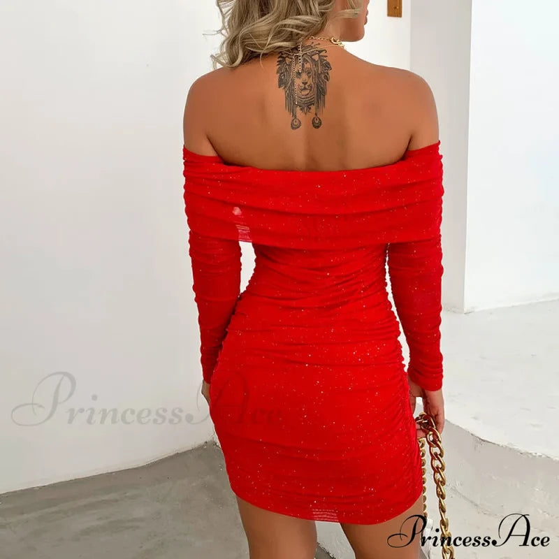 Shimmer Nights Off The Graceful Shoulder Glitter Mini Dress Club Dresses