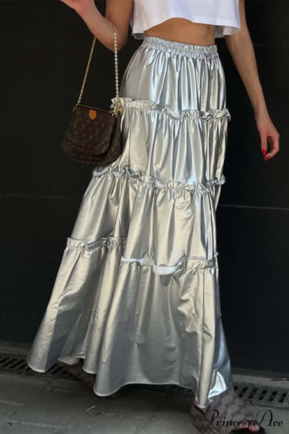 Shiny Ruched Layered Skirt Silver / L Skirts