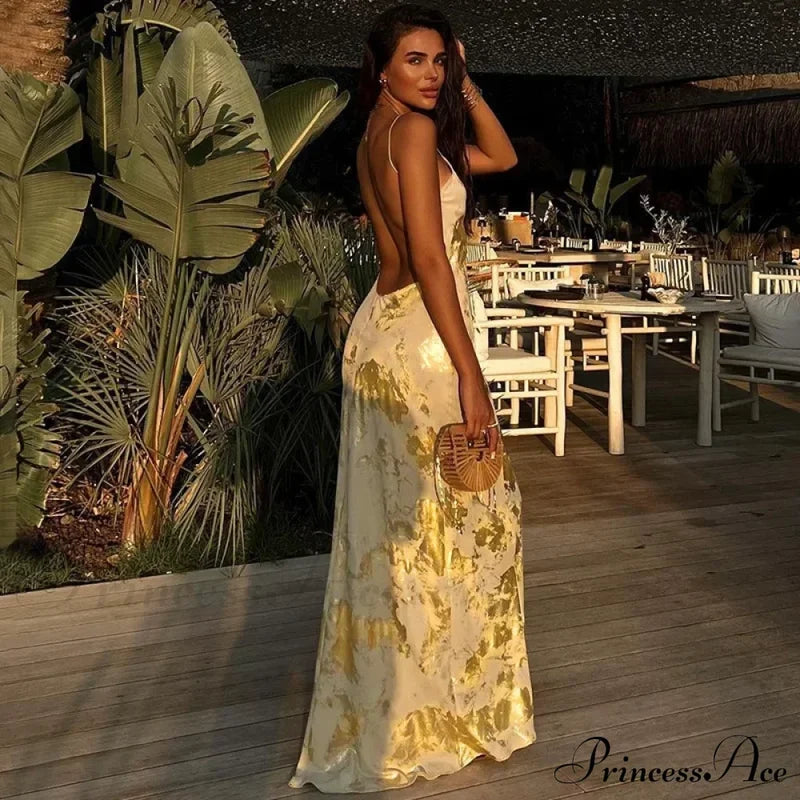 Shiny Sparkling Sexy Backless V Neck Maxi Dress