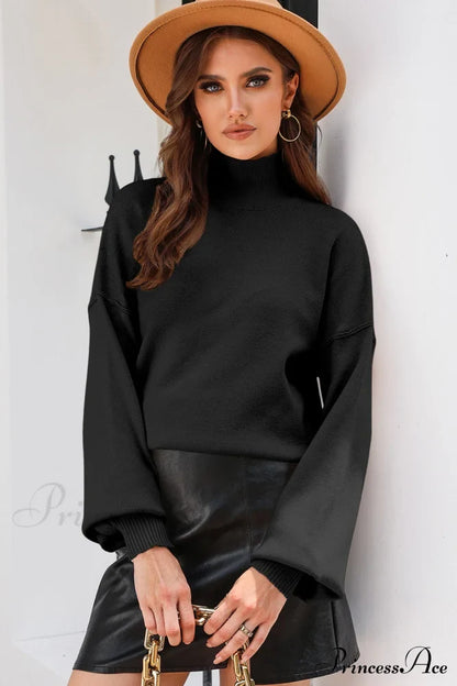 Shoulder Arm Turtleneck Knit Bubble Sweater Drop In Black Sweaters-L