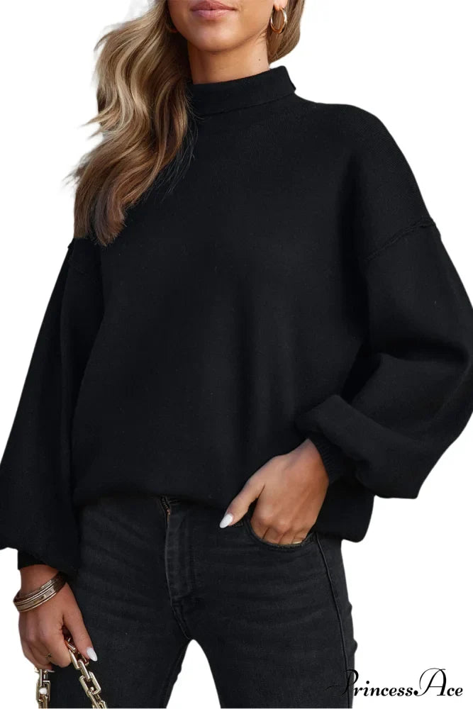 Shoulder Arm Turtleneck Knit Bubble Sweater Drop In Black Sweaters-L