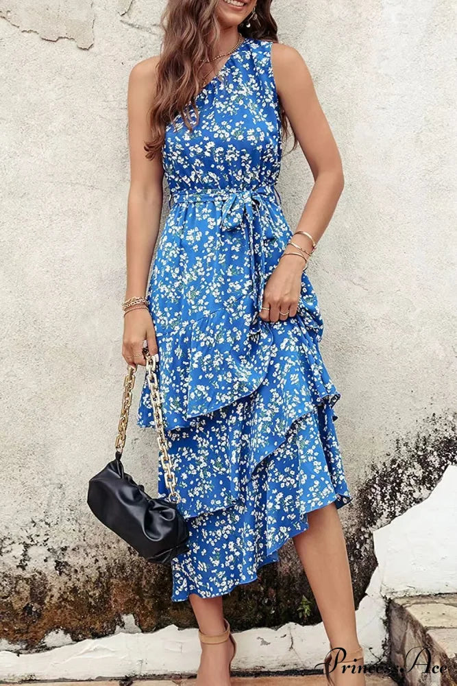 Shoulder One With Trim Gown Green Ruffle Print S / Light Blue One Shoulder Print Maxi Dress