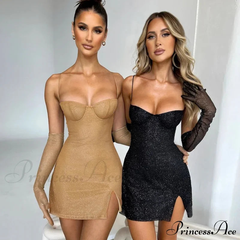 Silk Suspender Tight Dress In Bright Color M / Black Gold Sequin Long Sleeve Dress