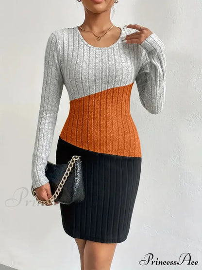 Simple Crew Neck Long Sleeve Dress With Color Block Design S / White Colorblock Bodycon Sweater