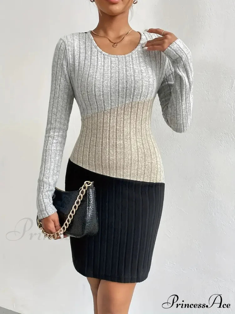 Simple Crew Neck Long Sleeve Dress With Color Block Design S / Khaki Colorblock Bodycon Sweater