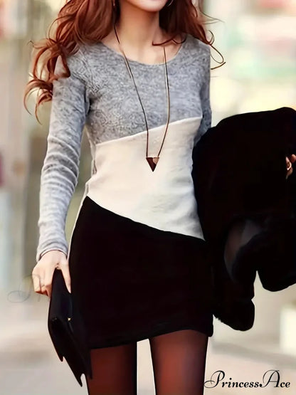 Simple Crew Neck Long Sleeve Dress With Color Block Design S / Brown Colorblock Bodycon Sweater