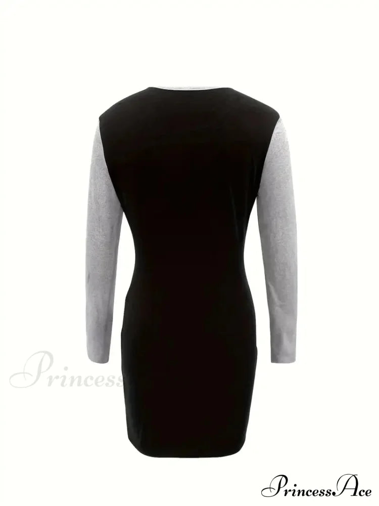 Simple Crew Neck Long Sleeve Dress With Color Block Design M / Khaki Colorblock Bodycon Sweater