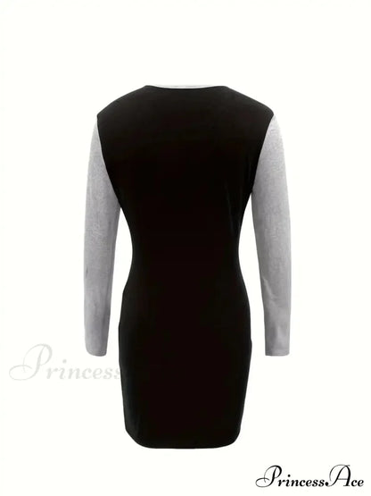 Simple Crew Neck Long Sleeve Dress With Color Block Design M / Khaki Colorblock Bodycon Sweater
