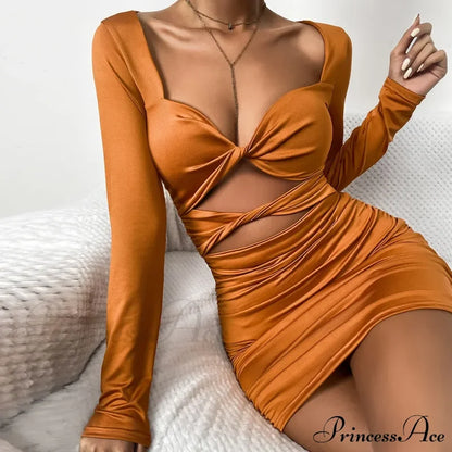 Sleeve Deep V Neck Hollow Out Pleated Ruched Soild Color Cut Dress