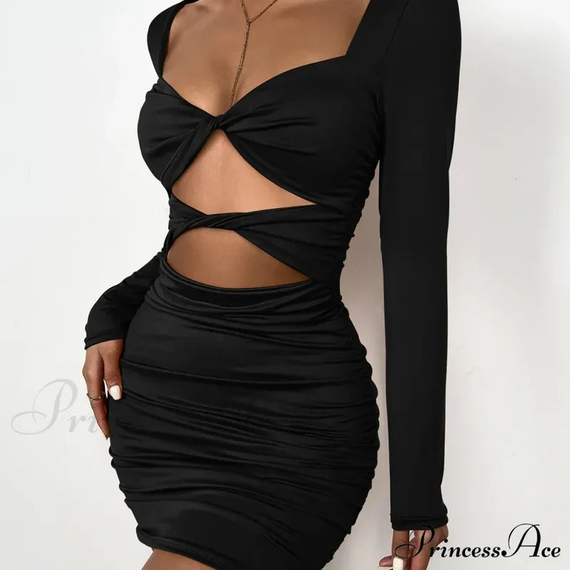 Sleeve Deep V Neck Hollow Out Pleated Ruched Soild Color Cut Dress Black / Xs
