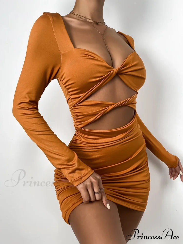Sleeve Deep V Neck Hollow Out Pleated Ruched Soild Color Cut Dress