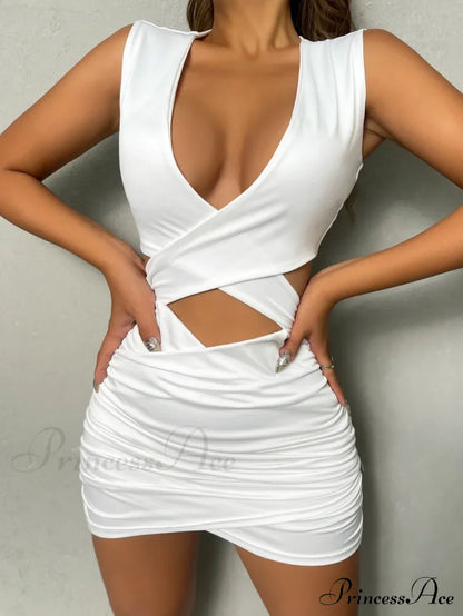 Sleeveless Bodycon Mini V Neck Slim Ruched Hollow Vestido Outfits Elegant Soild Cut Out Dress