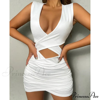 Sleeveless Bodycon Mini V Neck Slim Ruched Hollow Vestido OutFits Elegant Soild Cut Out Dress