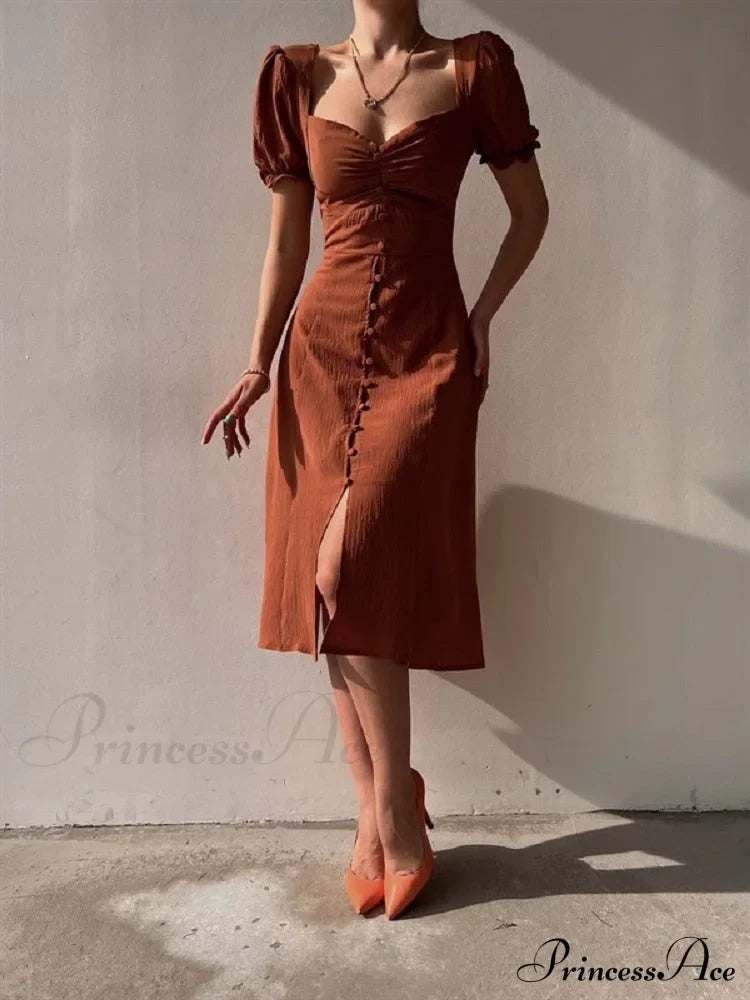 Slim Neck Slit Puff Midi Arm Casual V Party Black Women Elegant A-Line Button Warm-Season Gown Dress