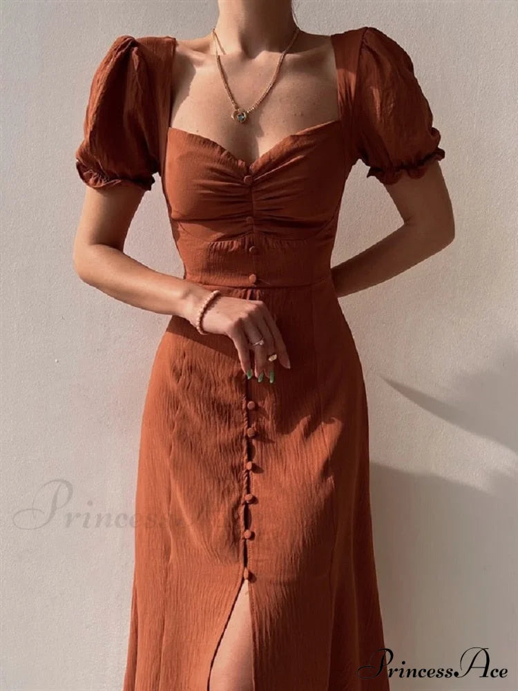 Slim Neck Slit Puff Midi Arm Casual V Party Black Women Elegant A-Line Button Warm-Season Gown Dress