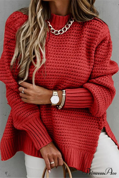 Slit Neck Round Sweater Sweaters-L
