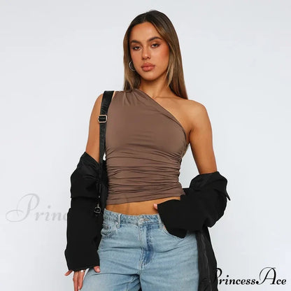 Solid Color One Shoulder Backless Candy Tight Sexy Sleeveless Neckless Slim Casual Tank Top Brown /
