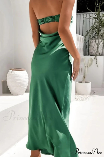 Solid Color Satin Strapless Midi Dress Green / L Dresses