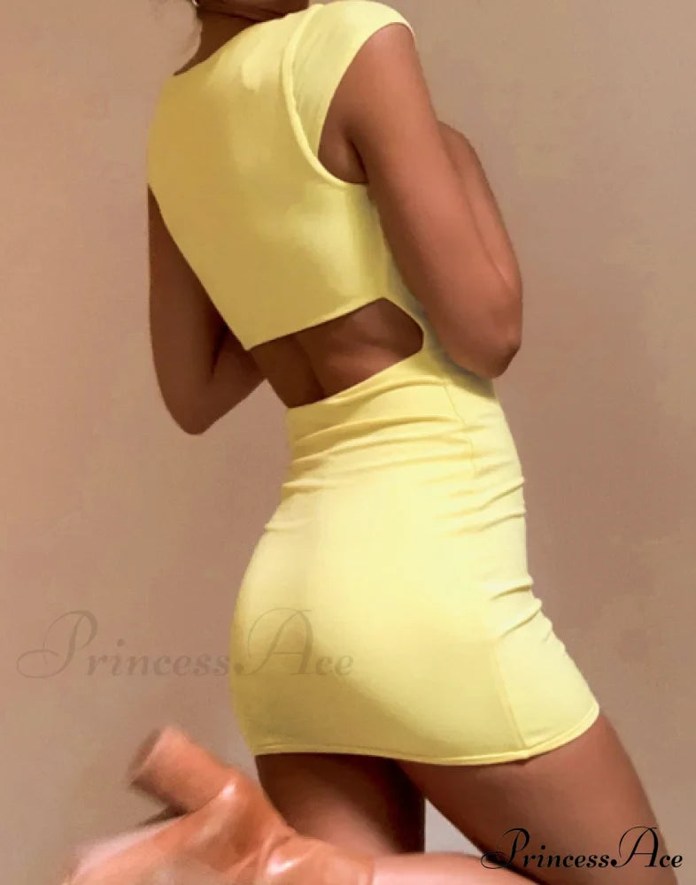 Solid Color Sexy Slim Hollow Out Mini Dress M / Yellow Dresses
