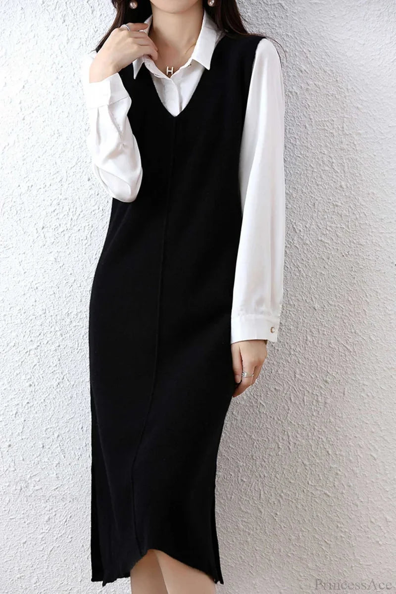 Solid Color Wool Tank Dress With V Neck Black / Xl Midi Dresses