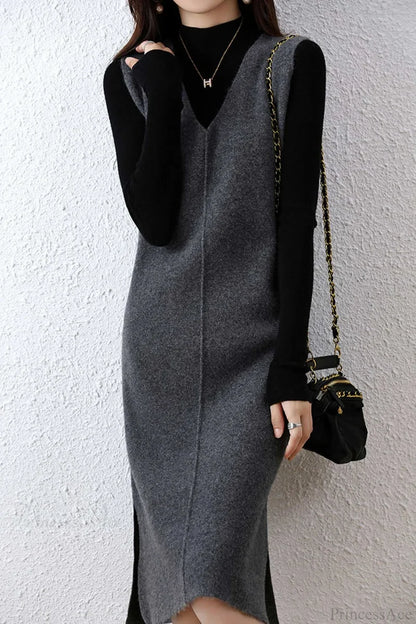 Solid Color Wool Tank Dress With V Neck Grey / Xl Midi Dresses