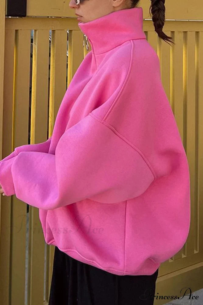 Solid Zipped Lapel Sweatshirt Pink / M Sweatshirts