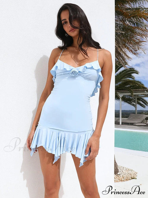 Spaghetti Party Coastal Strap Mini Gown Elegant Flower Off-Shoulder Robe Women Backless Bodycon