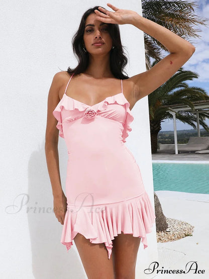 Spaghetti Party Coastal Strap Mini Gown Elegant Flower Off-Shoulder Robe Women Backless Bodycon