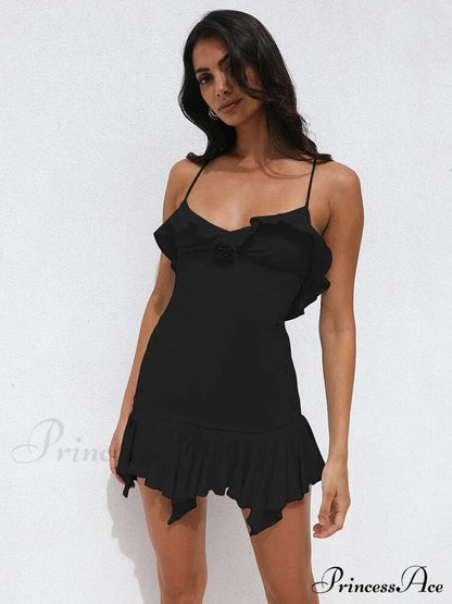 Spaghetti Party Coastal Strap Mini Gown Elegant Flower Off-Shoulder Robe Women Backless Bodycon