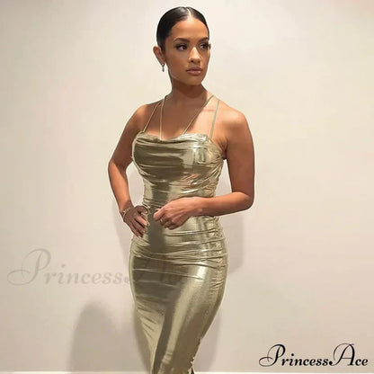 Spaghetti Strap Gold Midi Fashion Wrap Chest Slim Backless 2024 Summer Party Club Bodycon Dress