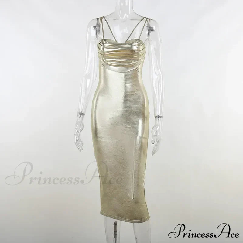 Spaghetti Strap Gold Midi Fashion Wrap Chest Slim Backless Summer Party Club Bodycon Dress