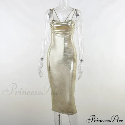 Spaghetti Strap Gold Midi Fashion Wrap Chest Slim Backless Summer Party Club Bodycon Dress