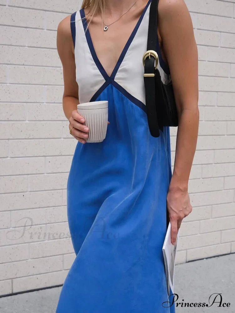 Splicing Chic V-Neck Charming Contrasting Color Dress Blue / S Dresses